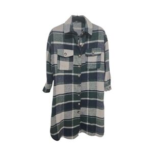 Plaid Flannel Shacket Jacket Oversized Button Up Blue Green XS Women's Grunge